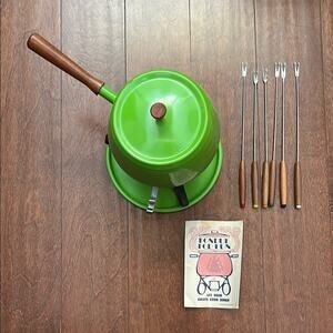 Vintage Green Fondue Set with Wood and Stainless Forks